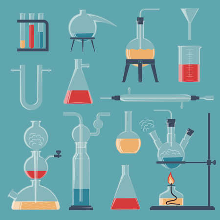 A set of various chemical glassware and devices. Vector color illustration.のイラスト素材