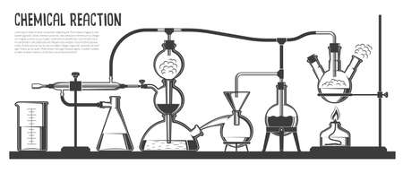 A complex chemical process in special glassware and devices in the scientific laboratory. Black and white vector illustration.のイラスト素材