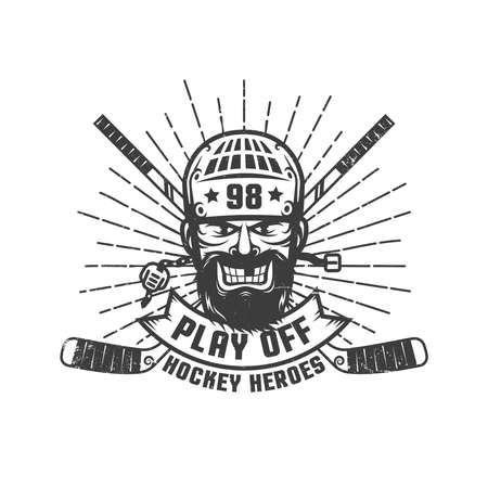 Hockey play off logo with bearded player in retro style. Worn texture on a separate layer and can be easily disabled.のイラスト素材
