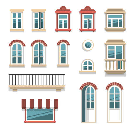 Different opened and closed windows and doors elements isolated on white.のイラスト素材