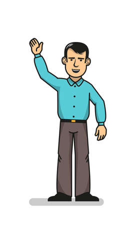 Cheerful man standing and waving with hand up showing greeting gesture.  Vector illustration.のイラスト素材