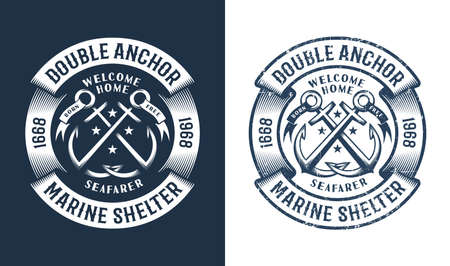 Round nautical logo, tattoo with crossed anchors in vintage style. Worn texture on a separate layer and can be easily disabled.のイラスト素材