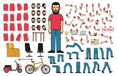 A set of body parts and objects to create a bearded man in a T-shirt and jeans in various poses. Vector illustration.のイラスト素材