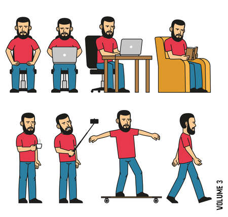 Man with beard sits, works on laptop, reads book in  chair, makes selfie, drinks coffee, rides longboard. Vector illustration. It can be easily disassembled  on body parts.のイラスト素材