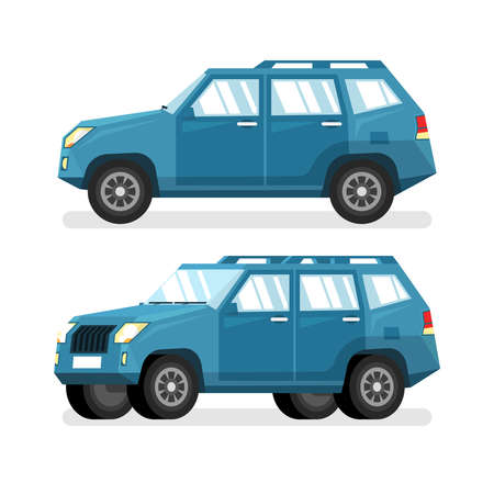 Blue SUV car in flat style - detailed vector illustration. A side view and in a half-turn.のイラスト素材