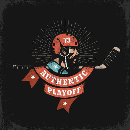 Hockey grunge with player, stick and heraldic ribbon on dark background. Worn texture on  separate layer and can be easily disabled.のイラスト素材
