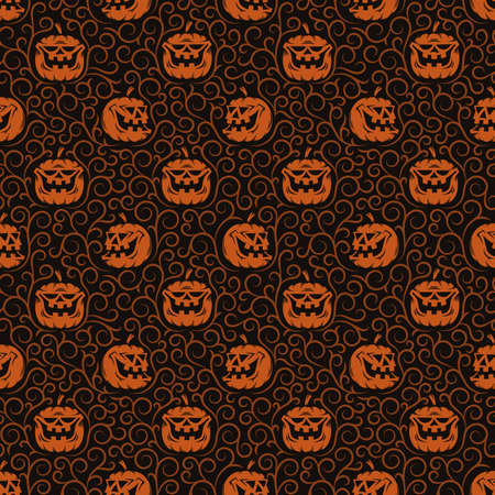 Halloween seamless pattern with orange pumpkins and patterns on dark background. Included in swatches panel.のイラスト素材