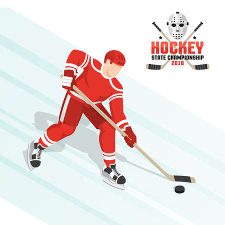Hockey player leads the puck on ice in a red uniform. Vector isometric illustration. And hockey flat emblem with crossed sticks and goalie mask.のイラスト素材