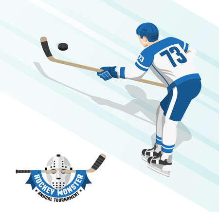 Ice hockey player in a white blue uniform, view from the back. Flat logo with a retro goalkeeper's mask and stick.のイラスト素材
