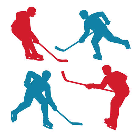 Red and blue silhouettes of hockey players in various posesのイラスト素材