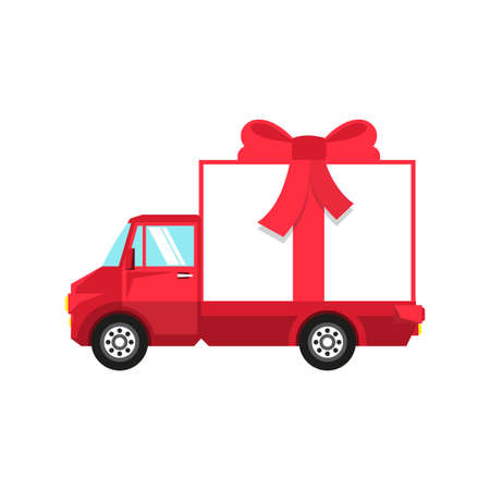 New Year red truck with box in the form of  gift box tied with  red bow.のイラスト素材