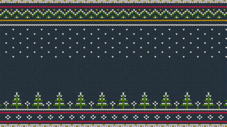 Knitted Scandinavian colored horizontal ornament with Christmas trees in the snow.のイラスト素材
