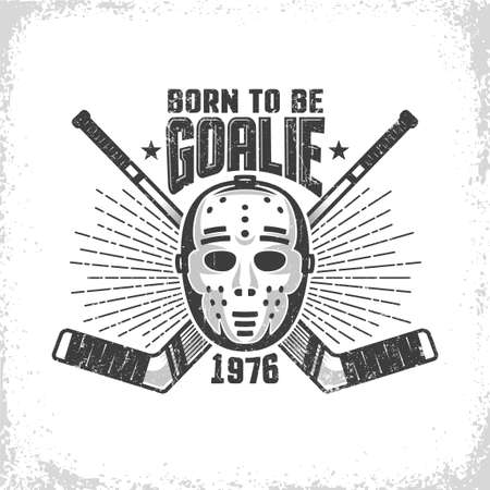 Vintage hockey emblem with retro goalie mask and crossed sticks. Worn texture on separate layer and can be turned off.のイラスト素材