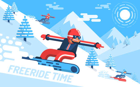Snowboarder descends on slope of the mountain among fir trees. Free ride, bright modern flat illustration.のイラスト素材