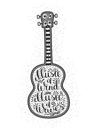 Guitar with intricate patterns and letting inside. Hipster tattoo, print on the T-shirt.  Ukulele with inscription.のイラスト素材