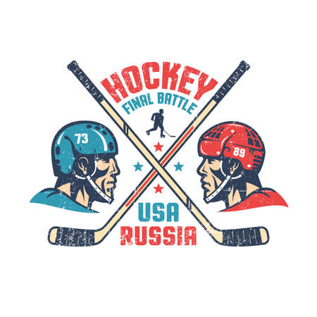 Retro poster for the final hockey match between Russia and the United States. Two players in profile, crossed sticks and inscriptions. Worn texture on separate layer and can be turned off.のイラスト素材
