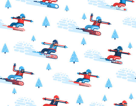 Seamless pattern with moving snowboarders and firs in a flat style. Enabled in the swatches panel.のイラスト素材