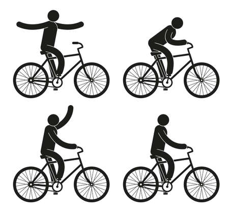 Pictograms people riding a bicycle set - hands free, gaining speed, welcomesのイラスト素材