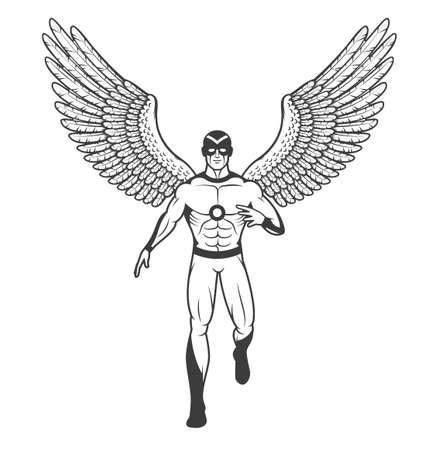 Superhero in a tight suit and mask with outstretched bird's wings. Drawing in comic book style.のイラスト素材