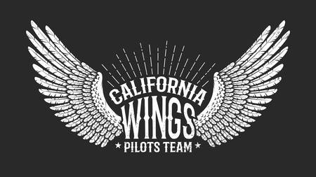 Pilot club retro icon - wings with inscriptions on black background. Worn texture on separate layers and can be disabled.のイラスト素材