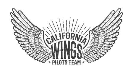 Retro emblem of the club of pilots with outstretched wings. Monochrome on a white background. Worn texture on separate layer and can be easily disabled.のイラスト素材