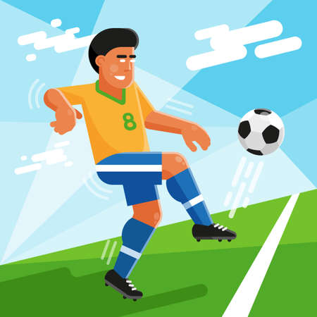 Brazilian soccer player with ball on football field.のイラスト素材