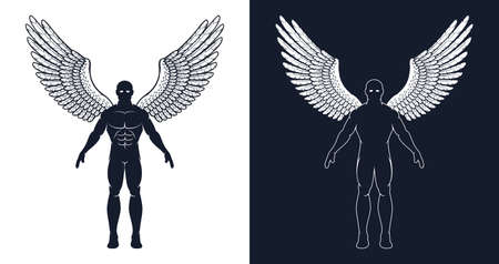 Muscular man with wings is like a superhero or a dark angel. Silhouette of an athletic man.のイラスト素材