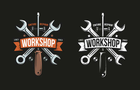 Workshop retro logo with wrench, screwdriver and heraldic ribbon. Black background. Color and monochrome versions. Grunge worn texture on separate layer and easily turn off.のイラスト素材