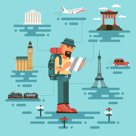 Bearded man in travel clothing, holds a map, surrounded by world monuments. Cartoon tourist in a flat style. On background plane, train and car.のイラスト素材