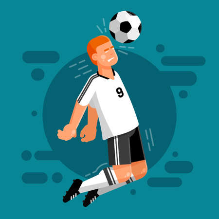 Football player of the German national team in white and black uniforms strikes the ball with the head. Soccer forward.のイラスト素材