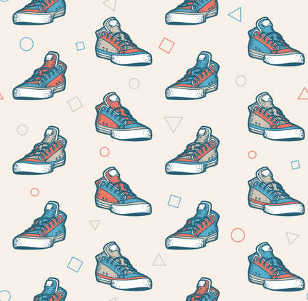 Multi-colored sneakers seamless pattern in retro colorsのイラスト素材