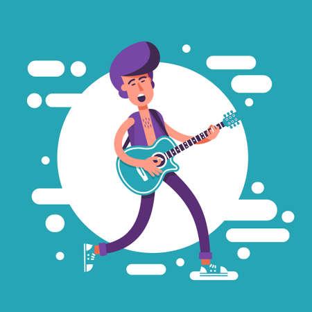 Fashion man with a psychobilly style haircut playing on acoustic guitar and sing. Cartoon illustration in flat style.のイラスト素材