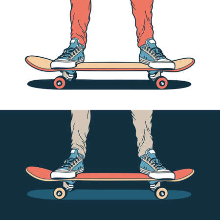 Legs in classic blue sneakers stand on a skateboard - on a light and dark background.のイラスト素材