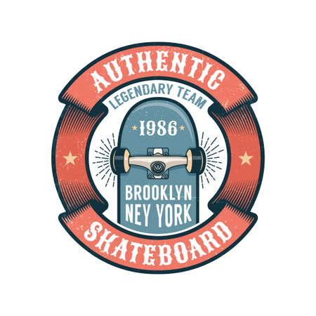 Colored round emblem with skateboard. Worn textures on a separate layer.のイラスト素材