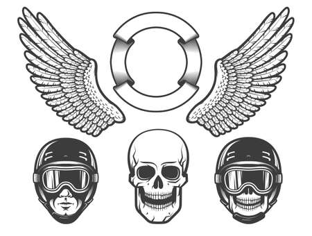 Set of design elements for creating a racing emblem - wings, a rider's head in a helmet, skull.のイラスト素材