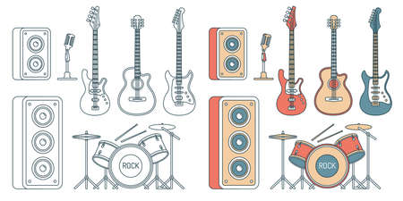 Musical instruments - electric and acoustic guitars, bass, drum set and speakers. Contour illustration color and monochrome.のイラスト素材