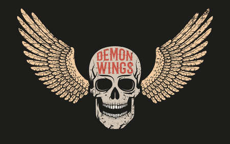 Skull with wings - color on a black background. A worn texture on a separate layer.