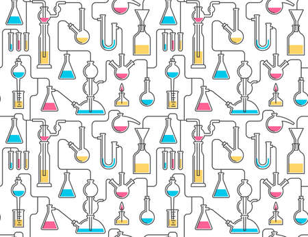 Seamless pattern from chemical glassware, flasks, reactions. Included in swatches panel.のイラスト素材
