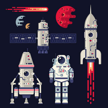 Rocket, space ship, satellite, spacesuit, planet and comet - set of cosmic design elementsのイラスト素材