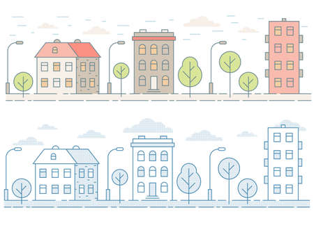 Colored seamless cityscape with houses, trees.  Minimalist contour style.のイラスト素材