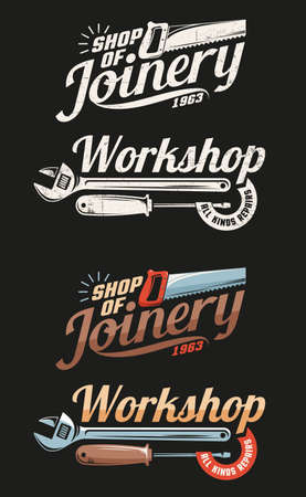 Retro emblems joinery carpentry and workshop with saw, adjustable wrench and screwdriver. Grunge worn texture on a separate layerのイラスト素材