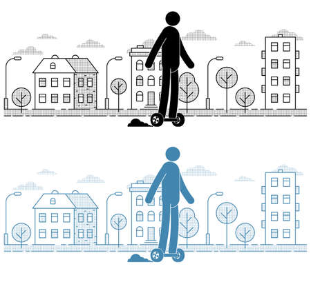 Icon man riding a hoverboard on  the urban landscape background. Pictogram People. Individual...