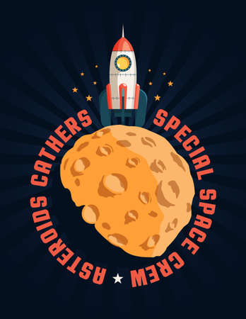 Rocket standing on a planet like a moon with an inscription around itのイラスト素材