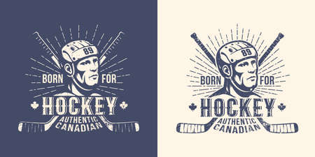 Hockey retro vintage logo with player head and crossed sticks. Versions for light and dark background. Stamp style. Worn grunge texture on a separate layer.のイラスト素材