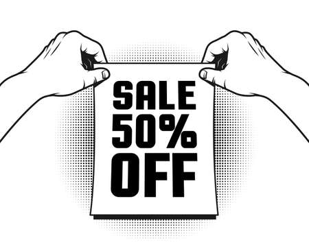 Hands holding a poster about the sale and discount. Black and white vector retro illustration.のイラスト素材