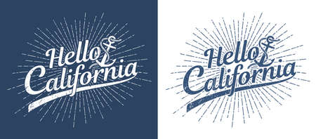 Hello California vintage stamp print in hipster style. Worn texture on a separate layer.のイラスト素材