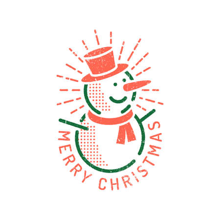 New Year's snowman in a hat and a scarf with the inscription Merry Christmas. Retro hipster outline style. Worn texture on separate layer.のイラスト素材