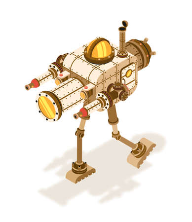 Isometric steampunk robot or fighting machine with intricate devices, pipes on two legs.のイラスト素材