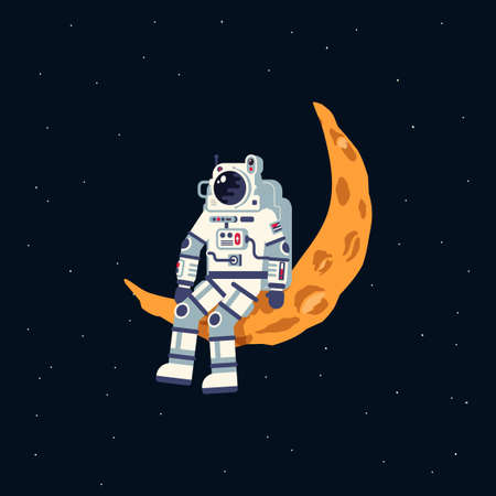 An astronaut in a spacesuit sits on the moon crescentのイラスト素材