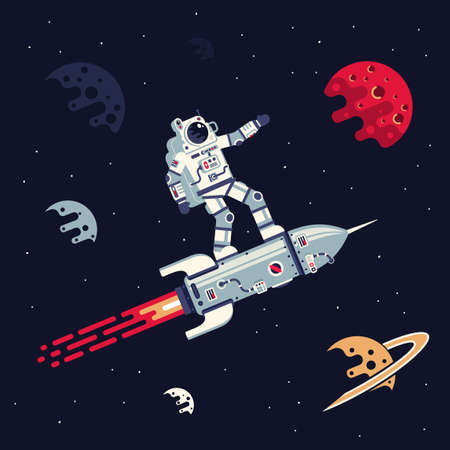 Astronaut in spacesuit flies standing on rocket in space among planets and starsのイラスト素材